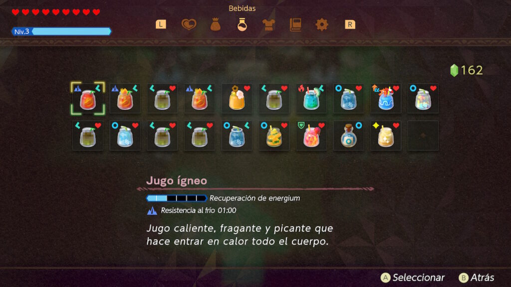 Menú de jugos del juego